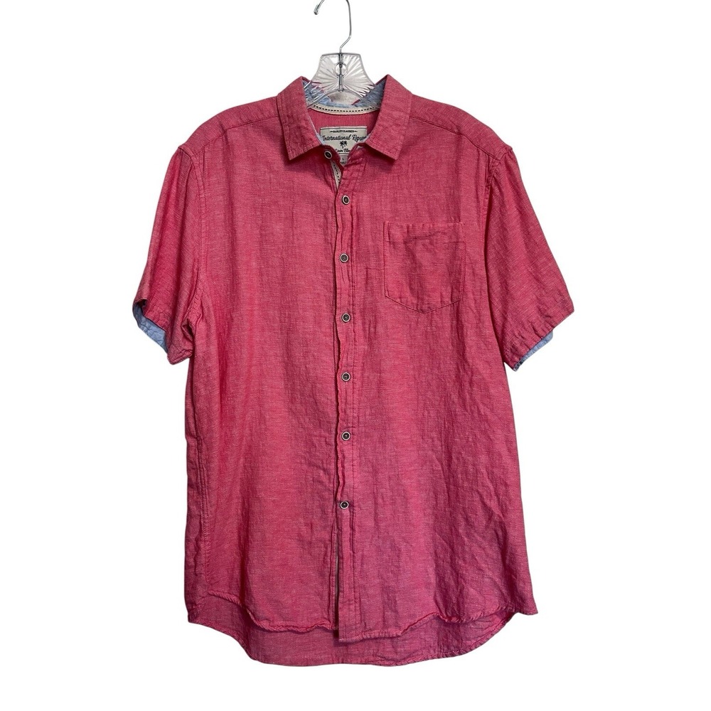 International Report Sz L Linen Blend Men's Shirt Top Coral Pink Salmon SS